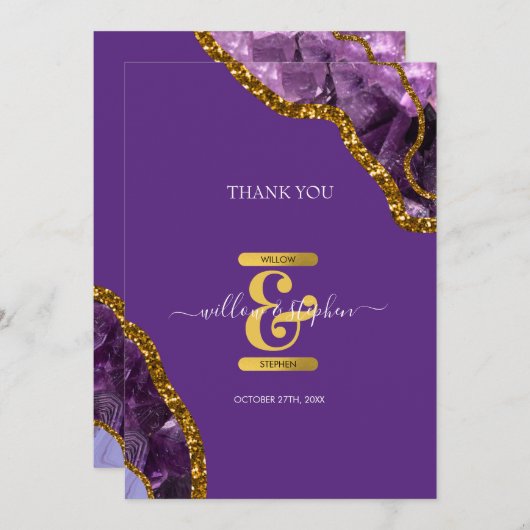 Lila & Gold Agate Geode Glitzer Hochzeit Dankeskarte (Vorne/Hinten)