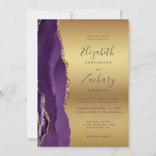 Lila Gold Agate Glam Wedding Einladung (Vorderseite)