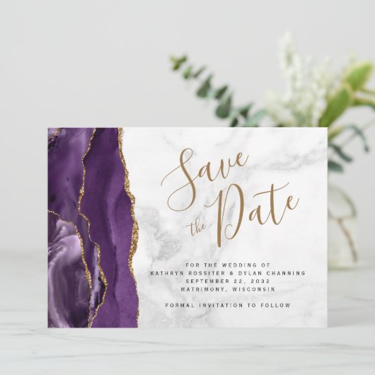 Lila Gold Agate Gray Marble Save the Date Karte (Stehend Vorderseite)