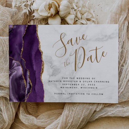 Lila Gold Agate Gray Marble Save the Date Karte