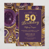Lila Gold Agate Marble 50. Geburtstag Einladung (Vorne/Hinten)