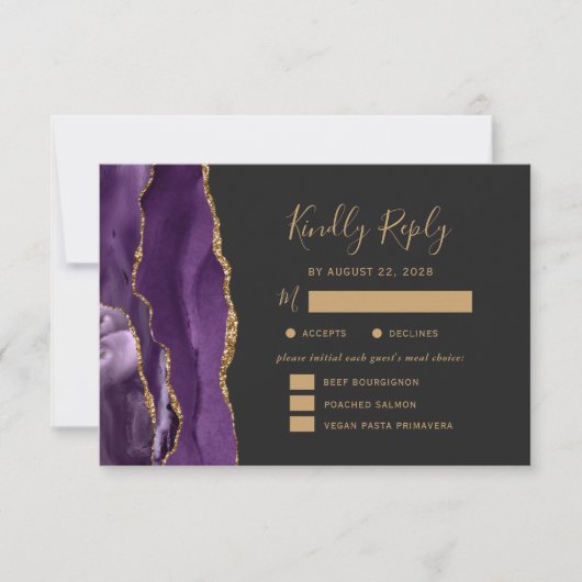 Lila Gold Agate Meetings Optionen Dunkle Hochzeit RSVP Karte (Vorderseite)