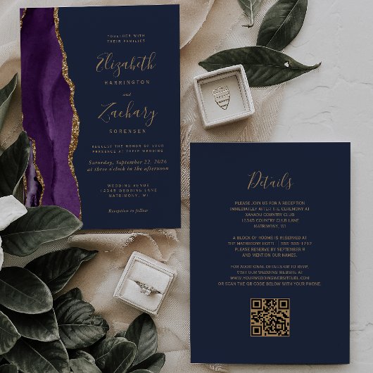 Lila Gold Agate Navy Blue QR Code Hochzeit Einladung