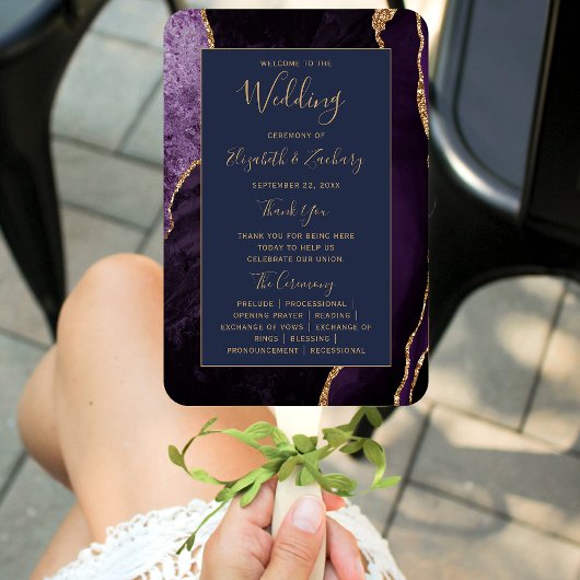 Lila Gold Agate Navy Blue Wedding Program Fächer