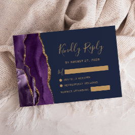 Lila Gold Agate Navy Blue Wedding RSVP Card Karte
