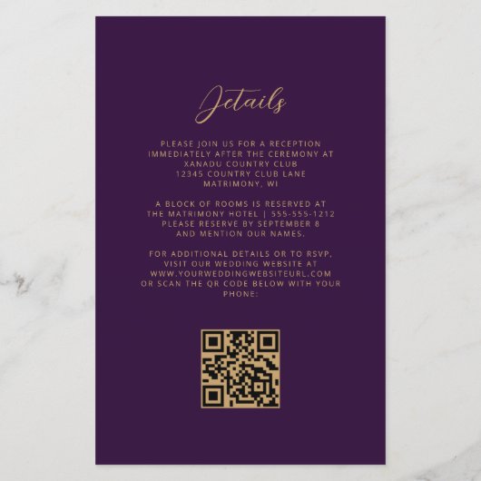 Lila Gold Agate Plum QR Code Hochzeit (Rückseite)