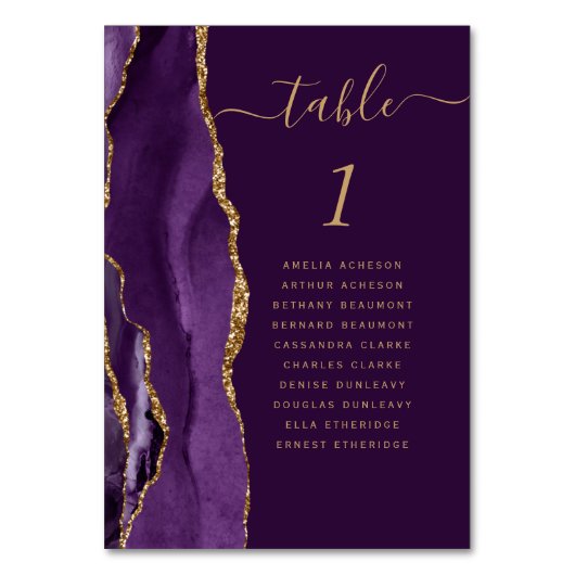Lila Gold Agate Plum Wedding Tischnummer (Vorderseite)