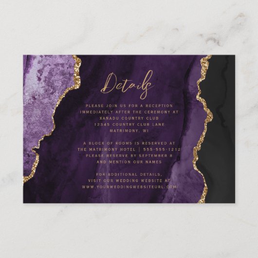 Lila Gold-Agate-Script-Hochzeitdetails Begleitkarte (Vorderseite)