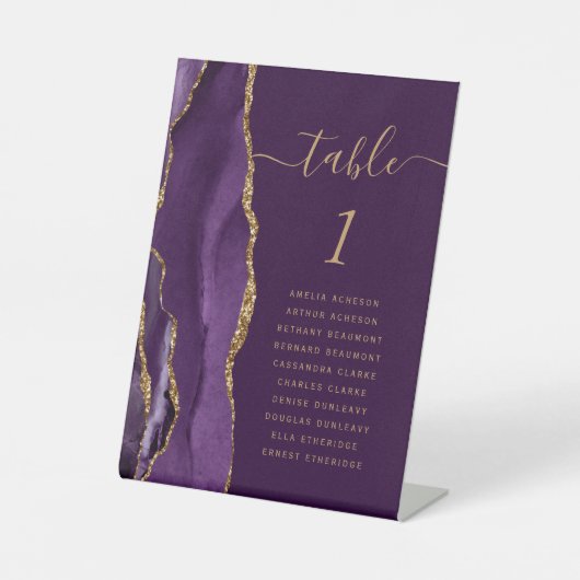 Lila Gold Agate Script Plum Wedding Tischnummer Sockelschild (Vorderseite)