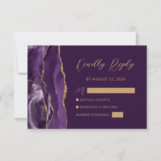Lila Gold Agate Script Wedding RSVP Card Karte (Vorderseite)
