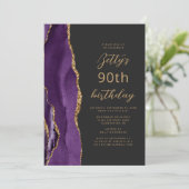 Lila Gold Agate Slate Script 90. Geburtstag Einladung (Stehend Vorderseite)
