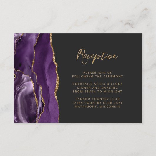 Lila Gold Agate Slate Script Hochzeitsempfang Begleitkarte (Vorderseite)