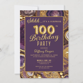 Lila Gold Agate Überraschung 100. Geburtstagsparty Einladung