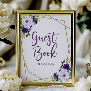 Lila Gold Aquarell Blumen Gästebuch Schild
