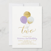 Lila & Gold Balloons Girl 2. Geburtstag Party Einladung (Vorderseite)