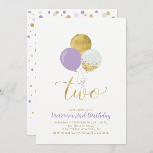 Lila & Gold Balloons Girl 2. Geburtstag Party Einladung (Vorne/Hinten)