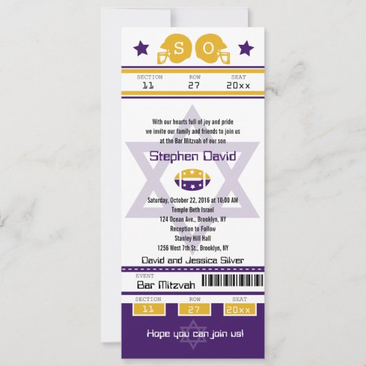 Lila Gold Bar Mitzvah Football Ticket Einladung (Vorderseite)