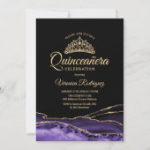 Lila Gold Black Agate Marble Quinceanera Einladung (Vorderseite)