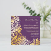 Lila Gold Blüh Damask Hochzeitseinladungen Einladung (Stehend Vorderseite)