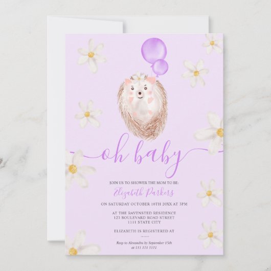 Lila Gold Blume Igel Aquarelltuchdusche Einladung (Vorderseite)