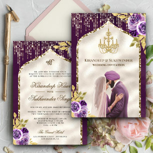 Lila Gold Blumen Anand Karaj Sikh Hochzeit Einladung