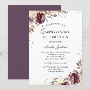 Lila Gold Blumen-Aquarell Quinceanera Einladung