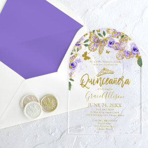 Lila Gold Blumen Schmetterling Quinceañera  Acryleinladungen