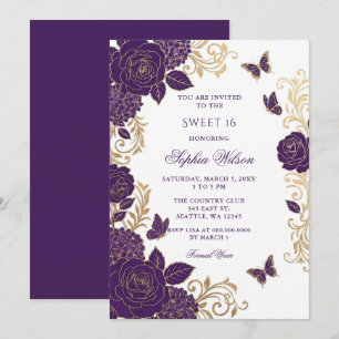 Lila Gold Blumen Schmetterling Sweet 16 Einladung