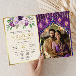 Lila Gold Blumen Vorhang Indische Hindu-Hochzeit Einladung