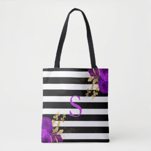 Lila Gold Blumenmonogramm Schwarz-Weiß-Streifen Tasche