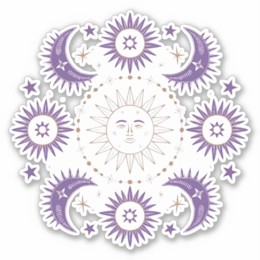Lila & Gold Boho Celestial Sun & Moon Scrapbook Aufkleber (Vorderseite)