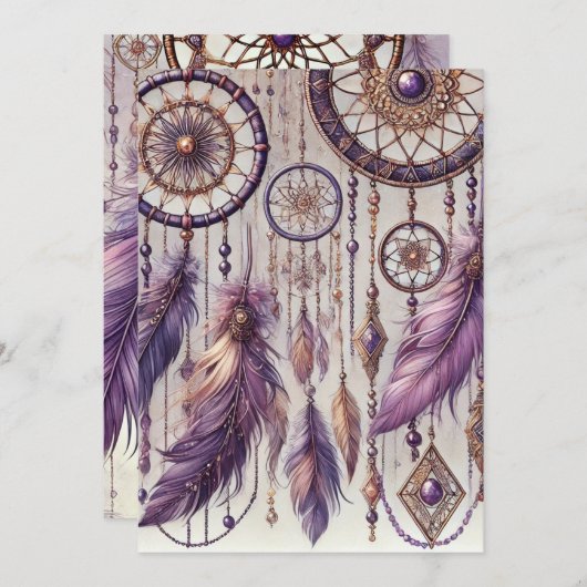 Lila & Gold Boho Dreamcatcher-Muster Einladung (Vorne/Hinten)