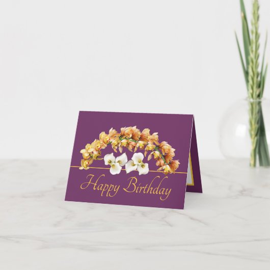 Lila Gold Bouquet Orchids Lilies Happy Birthday Karte (Vorderseite)
