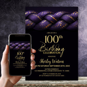Lila Gold Braid 100. Geburtstagsparty Einladung