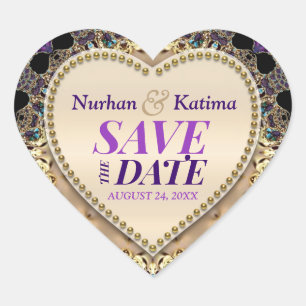 Lila Gold Brokat Save-the-Date-Aufkleber Herz-Aufkleber