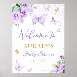 Lila Gold Butterfly BläsernBaby Dusche Willkommen Poster