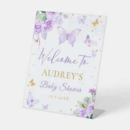 Lila Gold Butterfly BläsernBaby Dusche Willkommen Sockelschild