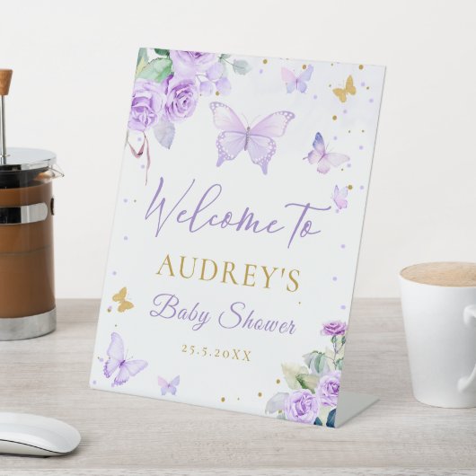 Lila Gold Butterfly BläsernBaby Dusche Willkommen Sockelschild (In SItu)