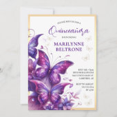 Lila Gold Butterfly Quinceañera Einladung (Vorderseite)