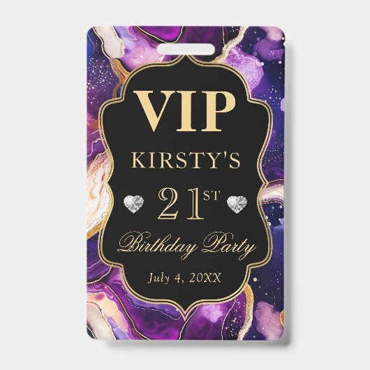 Lila Gold Celestial Glitzer Agate Birthday VIP Ausweis (Vorderseite)