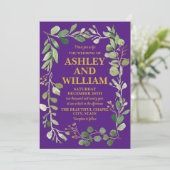 Lila & Gold Chic Greenery Boho Bohemisch Wedding Einladung (Stehend Vorderseite)