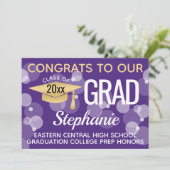 Lila Gold Confetti Bokeh Bubbles Abschluss Einladung (Stehend Vorderseite)