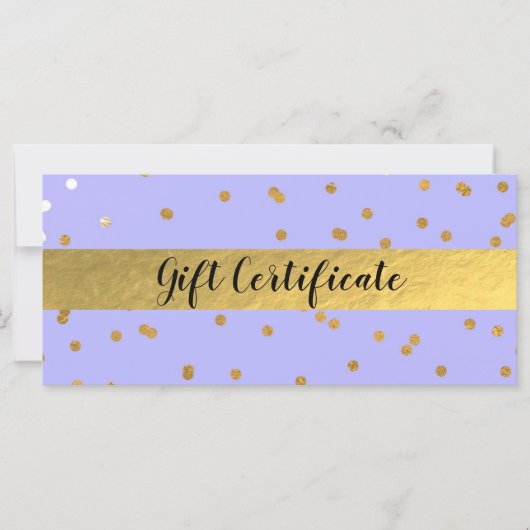 Lila & Gold Confetti Dots Glam Geschenkgutschein (Vorderseite)