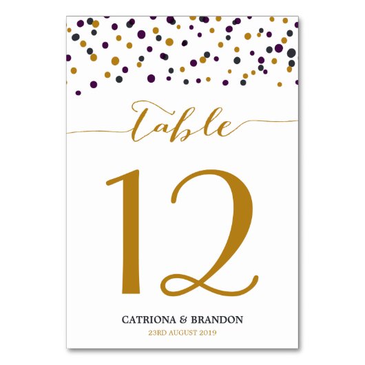 Lila & Gold Confetti Dots Modern Tischnummer (Vorderseite)