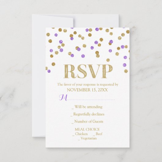 Lila Gold Confetti Wedding RSVP Cards (Vorderseite)