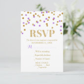 Lila Gold Confetti Wedding RSVP Cards (Stehend Vorderseite)