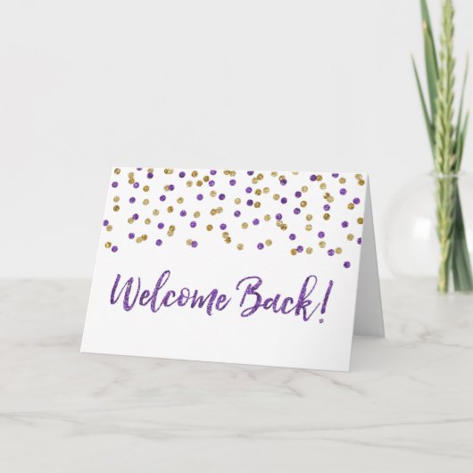 Lila Gold Confetti Welcome Back Card Karte (Vorderseite)