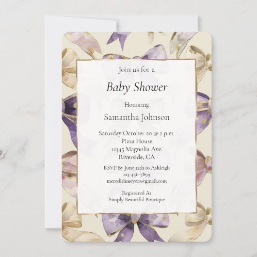 Lila Gold Cream Bows Baby Dusche Einladung (Vorderseite)