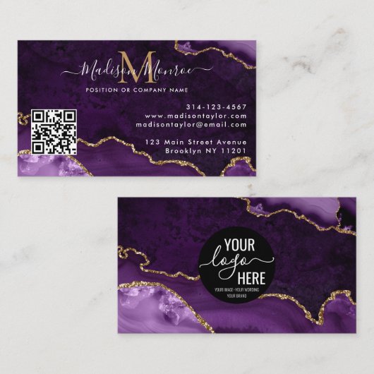 Lila Gold Custom Logo QR Code Agate Monogram Visitenkarte (Vorne/Hinten)