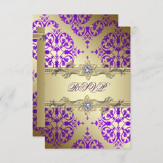 Lila Gold Damask Lila Party RSVP Karte (Vorne/Hinten)